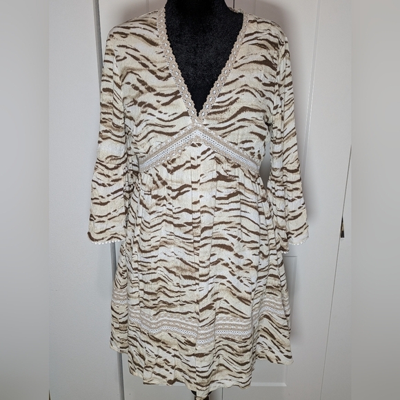 Inc New Women's Tiger Print Bell Sleeve Mini Boho Festival Dress, Size M Beige - Picture 8 of 16